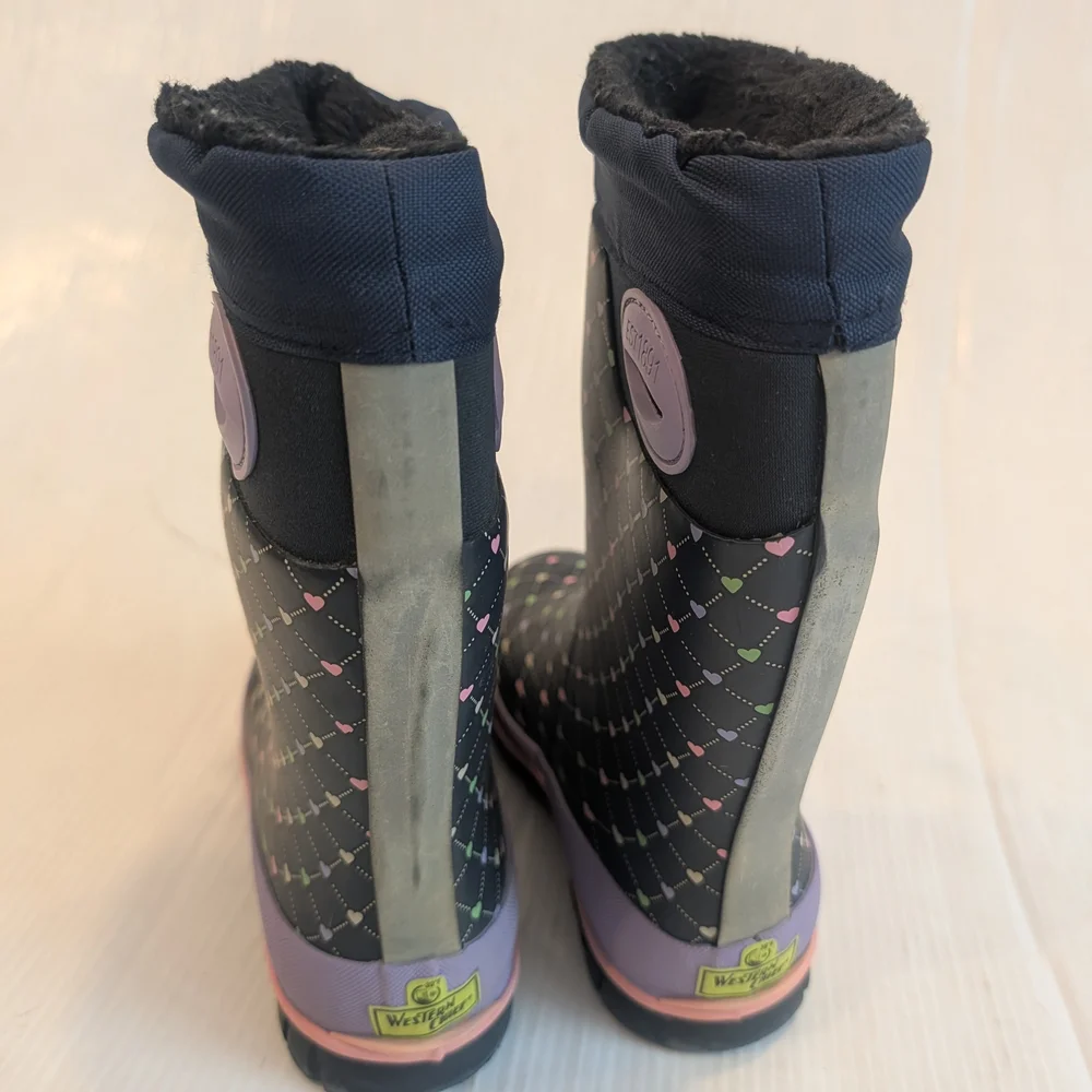 WESTERN CHIEF Girls Black Heart Print Insulated Warm Winter Snow Boots Size 13/1
